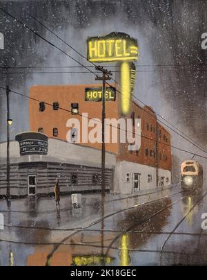 Moody, le film noir a inspiré la scène rétro d'un hôtel dans un coin de rue lors d'une nuit de pluie. Banque D'Images