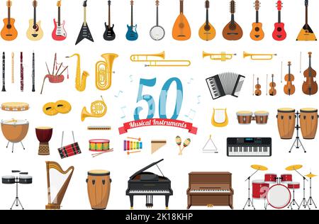 Ensemble d'illustrations vectorielles de 50 instruments de musique de style dessin animé isolés sur fond blanc Illustration de Vecteur