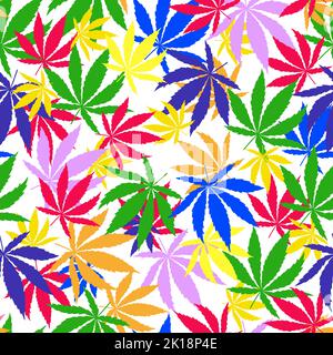 Le Cannabis arc-en-ciel brillant laisse un motif sans couture sur fond blanc. Illustration de Vecteur