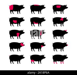 Ensemble d'étiquettes autocollantes noires de silhouette de porc avec pièces de coupe surlignées en rouge pour la boucherie, le menu du restaurant ou le livre ou guide de cuisine. Illustration de Vecteur