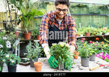 Heureuse femme hispanique travaillant dans la boutique de plantes et de fleurs de jardin Banque D'Images