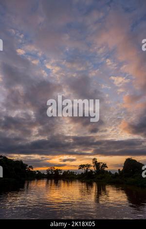 Coucher de soleil sur la rivière Cuiaba près de Porto Jofre dans le nord du Pantanal, province de Mato Grosso au Brésil. Banque D'Images