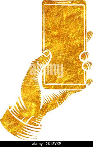 Main main main main tenant smartphone modèle esquisse vintage dans l'or feuille texture vector illustration Illustration de Vecteur