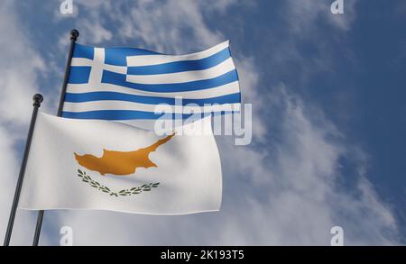 Drapeaux de la Grèce et de Chypre, ciel bleu et drapeau de la Grèce contre drapeau de Chypre, Grèce drapeaux de Chypre, 3D œuvres et 3D images Banque D'Images