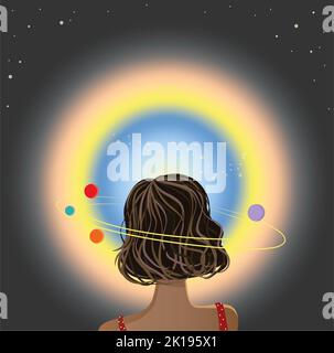 a girl with dark hair and a red sundress with white polka dots looks at the eclipse. galactic system around head and planet. starry and dark backgroun Banque D'Images
