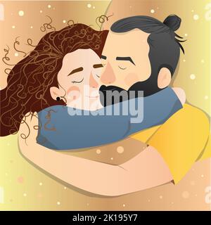 Lovers man and woman cuddle lying in bed. Happy family concept. Couple in a relationship in love. Banner with place for text in modern style Stock Photo