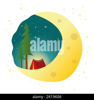 A red tent and a fire on meadow. Summer or autumn. Hiking and camping. Starry blue sky, stars and meteorites, clouds. Vector landscape can be used in Banque D'Images