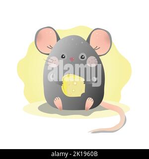 a little cute gray mouse holds a piece of cheese in its paws. light yellow background. children illustration. calm and gentle colors Stock Photo