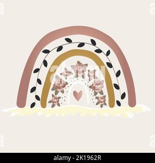 Motif fleuri avec fleurs, arc-en-ciel et différents éléments design. Banque D'Images