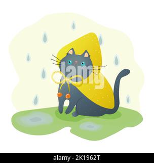 funny gray cat in a displeased mood in a yellow raincoat sits on the wet grass. raindrops and puddles. bright pleasant colors. children illustration Stock Photo