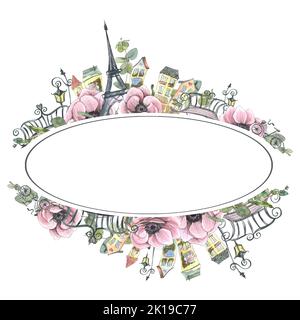 Cadre ovale avec tour Eiffel, jolies maisons, fleurs d'anémones. Illustration aquarelle dans un style d'esquisse avec des éléments graphiques. Une carte d'un grand ensemble de Banque D'Images