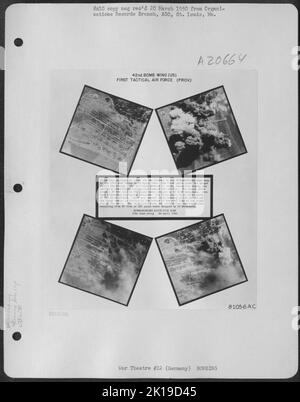 Ces photos de 4 couvrent les attaques de 2 contre le vidage de Schwabmunchen Ammo par le Groupe de la bombe de 17th le 25 avril 1945. La première photo montre la cible avant l'attaque. Le réseau de routes Tell-Tale, Ammo Sheds, et partiellement camouflés Bunkers souterrains sont Banque D'Images