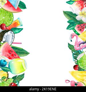 Cadre avec fruits tropicaux, cocktails et feuilles. Aquarelle, lumineuse, juteuse, plage, illustration d'été. Pour la conception et la conception des menus Banque D'Images