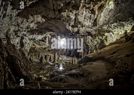 Intérieur de la grotte Polovragi, Roumanie. La grotte Polovragi est la plus grande grotte du comté de Gorj. Banque D'Images