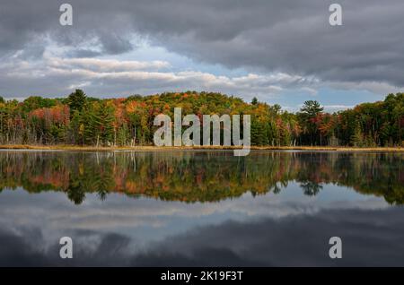 Une tempête de défrichement passe sur les rives du lac Council, de couleur automnale, dans la forêt nationale de Hiawatha, dans le comté d'Alger, au Michigan Banque D'Images