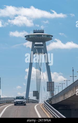 Bratislava, Slovakia - May 31, 2022: Bridge pylon and the flying saucer of Most SNP (Bridge of the Slovak National Uprising). Stock Photo
