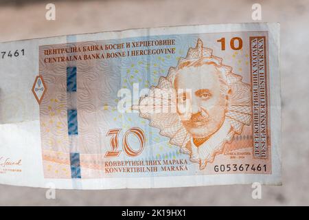 Aleksa Santic on 10 Bosnia and Herzegovina convertible mark banknote. Stock Photo