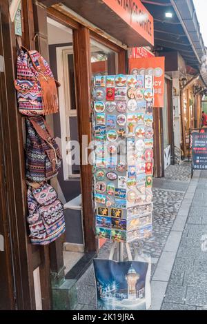 Sarajevo, Bosnia and Herzegovina - June 3, 2022: Fridge magnets from Sarajevo in the tourist souvenirs shop. Stock Photo