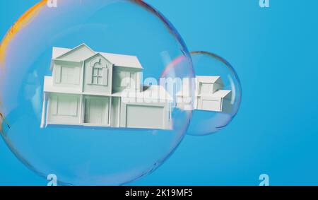 Concept de bulle immobilière. Une maison blanche dans une bulle transparente. Crise immobilière. 3D rendu Banque D'Images
