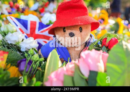 Londres, Royaume-Uni. 16th septembre 2022. Beaucoup d'ours de Paddington ont été laissés en référence à une clib de télévision qui a montré la Reine avec l'ours animé. Les membres du public s'en prennent à sa Majesté la reine Elizabeth II en posant des fleurs, des cartes, des jouets et d'autres petits hommages à Green Park, près du palais de Buckingham. Des milliers de personnes se promènent autour du site en pleine croissance, beaucoup se déplacent clairement. Credit: Imagetraceur/Alamy Live News Banque D'Images