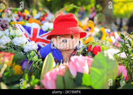 Londres, Royaume-Uni. 16th septembre 2022. Beaucoup d'ours de Paddington ont été laissés en référence à une clib de télévision qui a montré la Reine avec l'ours animé. Les membres du public s'en prennent à sa Majesté la reine Elizabeth II en posant des fleurs, des cartes, des jouets et d'autres petits hommages à Green Park, près du palais de Buckingham. Des milliers de personnes se promènent autour du site en pleine croissance, beaucoup se déplacent clairement. Credit: Imagetraceur/Alamy Live News Banque D'Images