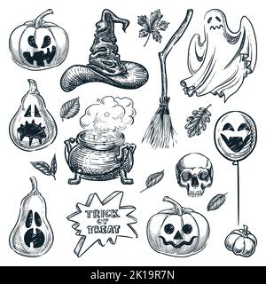 Collection Halloween decoration design ELEMENTS. Illustration d'esquisse vectorielle dessinée à la main. Citrouilles de vacances avec visage de sourire, fantôme, chapeau de sorcière, balai a Illustration de Vecteur