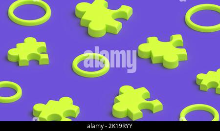 3D pièces de puzzle de couleur vert acide et anneaux sur fond violet. Modèle de poster commercial abstrait tendance et lumineux. Éléments géométriques Illustration de Vecteur