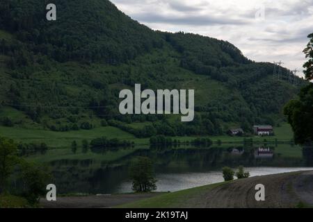 Paysages merveilleux en Norvège. Colline verte avec miroir de réflexion sur l'eau du lac Gjerdesdalsvatnet . Route panoramique norvégienne Ryfylke. Arbres a Banque D'Images