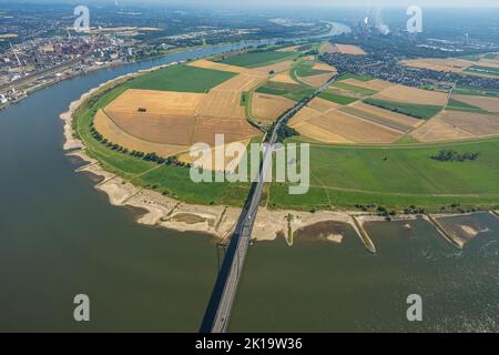 Vue aérienne, pont Krefeld-Uerdinger, sur le Rhin, prairies et champs avec vue sur Mündelheim, Duisburg, région de la Ruhr, Rhénanie-du-Nord-Westphalie, Banque D'Images