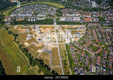 Vue aérienne, Angerbogen, quartier résidentiel Alter Angerbach, quartier du bâtiment, Huckingen, Duisburg, Ruhr, Rhénanie-du-Nord-Westphalie, Allemagne, Angerbogen Banque D'Images