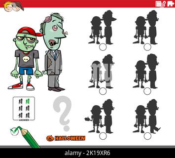 Illustration de dessin animé de trouver l'ombre sans différences jeu éducatif avec des personnages zombies sur l'heure d'Halloween Illustration de Vecteur