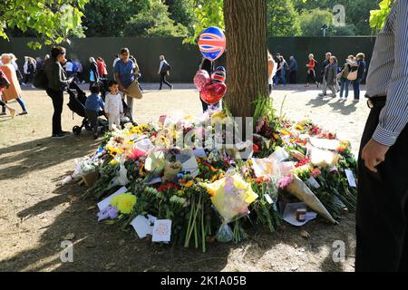 Fleurs et cartes laissées autour des arbres par des adeptes après la mort de la reine Elizabeth II, à Green Park, dans le centre de Londres, Royaume-Uni Banque D'Images