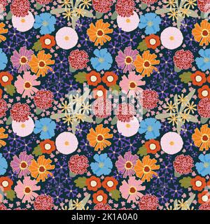 Motif fleuri tendance sans couture, imprimé fleuri répété, fond de prairie, papier peint de jardin fleuri brillant, motif floral, mode moderne Banque D'Images