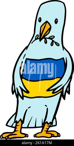 Oiseau tenant le drapeau national de l'Ukraine. Illustration de couleur vectorielle dessinée à la main. Illustration de Vecteur
