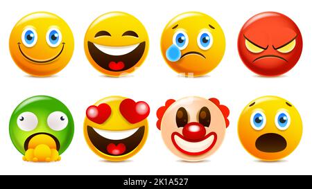 Emoji et émoticône visages ensemble de vecteurs. Emojis ou émoticônes avec des expressions folles, surprises, drôles, rires et effrayantes pour les éléments de conception isolés dans Banque D'Images