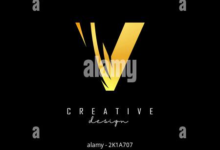 Logo Golden Letter V avec lignes de tête et motif espace négatif. Lettre avec motif géométrique et de coupures créatives. Illustration vectorielle avec lettre. Illustration de Vecteur