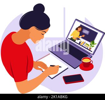 Jeune fille étudie à l'ordinateur. Concept d'apprentissage en ligne. Leçon vidéo. Etude de distance. Peut être utilisé pour les bannières Web, les infographies et les images de héros. Illustration de Vecteur