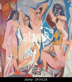 Les jeunes Dames d'Avignon, 1907. Peinture à l'huile par Pablo Picasso. Pablo Ruiz Picasso (25 octobre 1881 – 8 avril 1973) est un peintre espagnol, sculpteur, graveur, céramiste et concepteur de théâtre qui a passé la plus grande partie de sa vie adulte en France. Considéré comme l'un des artistes les plus influents du 20th siècle, il est connu pour avoir co-fondé le mouvement Cubiste, l'invention de la sculpture construite, la co-invention du collage, et pour la grande variété de styles qu'il a aidé à développer et explorer. Parmi ses œuvres les plus célèbres figurent le proto-Cubiste les Demoiselles d'Avignon (1907). Banque D'Images