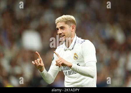 FEDE Valverde (Real), 14 SEPTEMBRE 2022 - football / Soccer : Valverde célèbre après son but lors de l'UEFA Champions League Group stage Groupe F match entre le Real Madrid CF 2-0 RB Leipzig à l'Estadio Santiago Bernabeu à Madrid, Espagne. (Photo de Mutsu Kawamori/AFLO) Banque D'Images