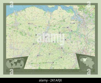 Oost-Vlaanderen, province de Belgique. Ouvrez la carte des rues. Lieux et noms des principales villes de la région. Cartes d'emplacement auxiliaire d'angle Banque D'Images