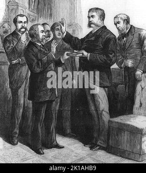 Arthur prêtant le serment d'office administré par le juge John R. Brady, au domicile d'Arthur, à New York, en 20 septembre 1881 Banque D'Images