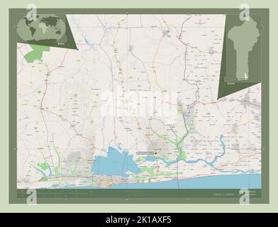 Oueme, département du Bénin. Ouvrez la carte des rues. Lieux et noms des principales villes de la région. Cartes d'emplacement auxiliaire d'angle Banque D'Images