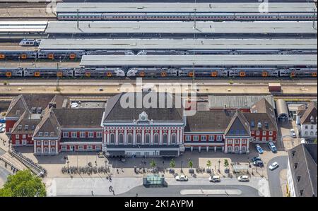 Vue aérienne, gare principale de Hamm Westf, bâtiment de réception, ville, centre, Hamm, Région de la Ruhr, Rhénanie-du-Nord-Westphalie, Allemagne, Station, DE, Chemin de fer allemand Banque D'Images