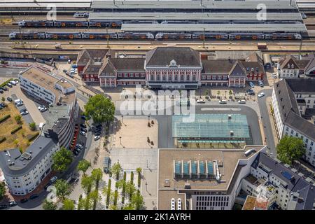 Vue aérienne, gare principale de Hamm Westf, bâtiment de réception, ville, centre, Hamm, Région de la Ruhr, Rhénanie-du-Nord-Westphalie, Allemagne, Station, DE, Chemin de fer allemand Banque D'Images