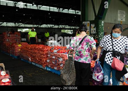 Les femmes achètent des sacs d’oignons au Paddy’s Fresh Food Market de Flemington, Sydney — Nouvelle-Galles du Sud, Australie Banque D'Images