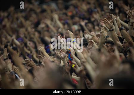 Bucarest, Roumanie - 15 septembre 2022: Profondeur de champ peu profonde (focus sélectif) détails avec FCSB (Fotbal Club Steaua Bucuresti) partisans pendant a Banque D'Images