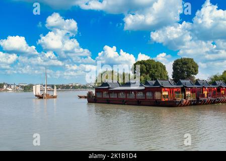 Painted boat at Wansan Pier, Zhouzhuang, Suzhou, China Stock Photo