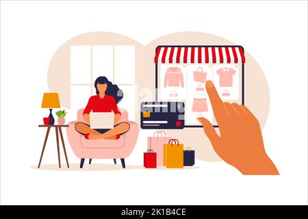 Femme magasiner en ligne sur ordinateur portable. Illustration vectorielle. Paiement en ligne. Cartes de crédit bancaires. Technologie de paiement numérique. Paiement électronique. Illustration de Vecteur