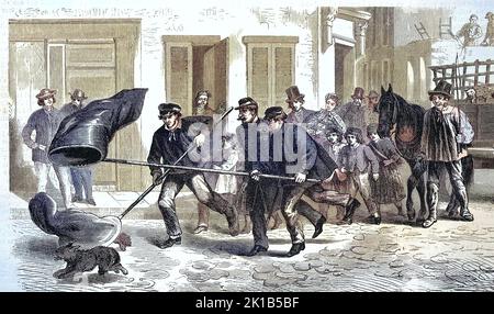 Hundefänger in den Straßen von Brüssel, 1869, Belgien / Dog Catcher dans les rues de Bruxelles, 1869, Belgique, Historisch, digital restaurierte Reproduktion einer Originalvorlage aus dem 19. Jahrhundert, genaues Originaldatum nicht bekannt / historique, numérique reproduction améliorée d'un original du 19th siècle Banque D'Images