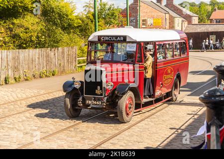 1933 vintage maroon red Crossville 716 motor services single decker Leyland Cub bus at Beamish County Durham Beamish open air museum county durham Stock Photo